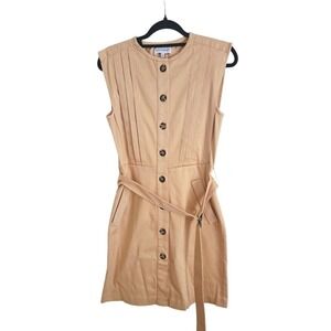 Navybleu Womens Small Tan Sleeveless Button Front Belted Pintuck Mini‎ Dress